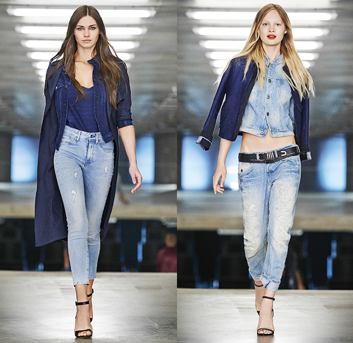 G-Star RAW Amsterdam 2015 Spring Summer Womens Runway Catwalk Looks - Denim Jeans Outerwear Coat Bomber Jacket Parka Streetwear Sweaterdress Jumpsuit Mom Jeans Midriff Crop Top Backpack Skinny Jumperdress Onesie Salopette Overalls Bib Brace Dungarees Emblem Patches Sweats Dress Trench Coat