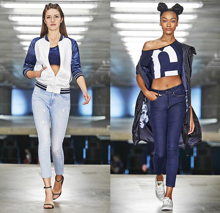 G-Star RAW Amsterdam 2015 Spring Summer Womens Runway Catwalk Looks - Denim Jeans Outerwear Coat Bomber Jacket Parka Streetwear Sweaterdress Jumpsuit Mom Jeans Midriff Crop Top Backpack Skinny Jumperdress Onesie Salopette Overalls Bib Brace Dungarees Emblem Patches Sweats Dress Trench Coat