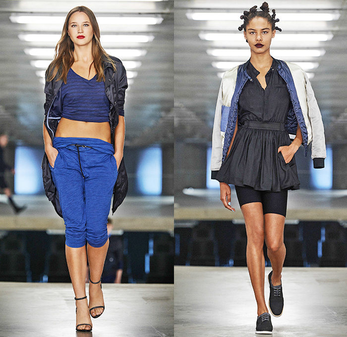 G-Star RAW Amsterdam 2015 Spring Summer Womens Runway Catwalk Looks - Denim Jeans Outerwear Coat Bomber Jacket Parka Streetwear Sweaterdress Jumpsuit Mom Jeans Midriff Crop Top Backpack Skinny Jumperdress Onesie Salopette Overalls Bib Brace Dungarees Emblem Patches Sweats Dress Trench Coat