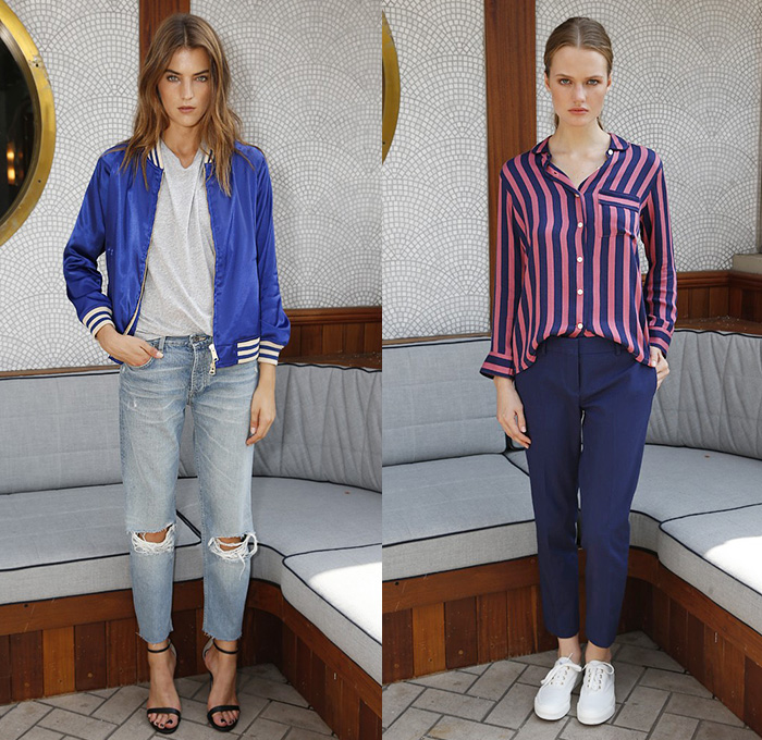 GANT Rugger 2015 Spring Summer Womens Lookbook Presentation - New York Fashion Week - Denim Jeans Destroyed Destructed Ripped Holes Bomber Jacket Stripes Blouse Button Down Shirt Pants Trousers Sneakers Lace Ups Shorts Flowers Florals Botanical Tunic Shirtdress Lace Shorts Knit Sweater Jumper Accordion Pleats Skirt Frock Ribbon Tie Up Spaghetti Noodle Strap 