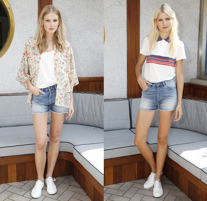 GANT Rugger 2015 Spring Summer Womens Lookbook Presentation - New York Fashion Week - Denim Jeans Destroyed Destructed Ripped Holes Bomber Jacket Stripes Blouse Button Down Shirt Pants Trousers Sneakers Lace Ups Shorts Flowers Florals Botanical Tunic Shirtdress Lace Shorts Knit Sweater Jumper Accordion Pleats Skirt Frock Ribbon Tie Up Spaghetti Noodle Strap 
