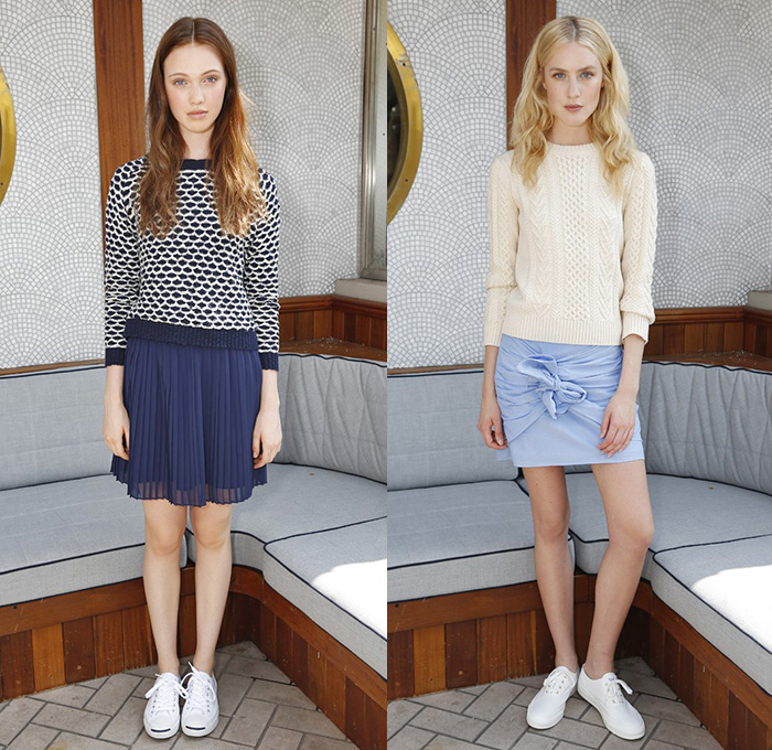 GANT Rugger 2015 Spring Summer Womens Lookbook Presentation - New York Fashion Week - Denim Jeans Destroyed Destructed Ripped Holes Bomber Jacket Stripes Blouse Button Down Shirt Pants Trousers Sneakers Lace Ups Shorts Flowers Florals Botanical Tunic Shirtdress Lace Shorts Knit Sweater Jumper Accordion Pleats Skirt Frock Ribbon Tie Up Spaghetti Noodle Strap 