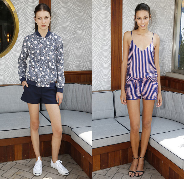 GANT Rugger 2015 Spring Summer Womens Lookbook Presentation - New York Fashion Week - Denim Jeans Destroyed Destructed Ripped Holes Bomber Jacket Stripes Blouse Button Down Shirt Pants Trousers Sneakers Lace Ups Shorts Flowers Florals Botanical Tunic Shirtdress Lace Shorts Knit Sweater Jumper Accordion Pleats Skirt Frock Ribbon Tie Up Spaghetti Noodle Strap 