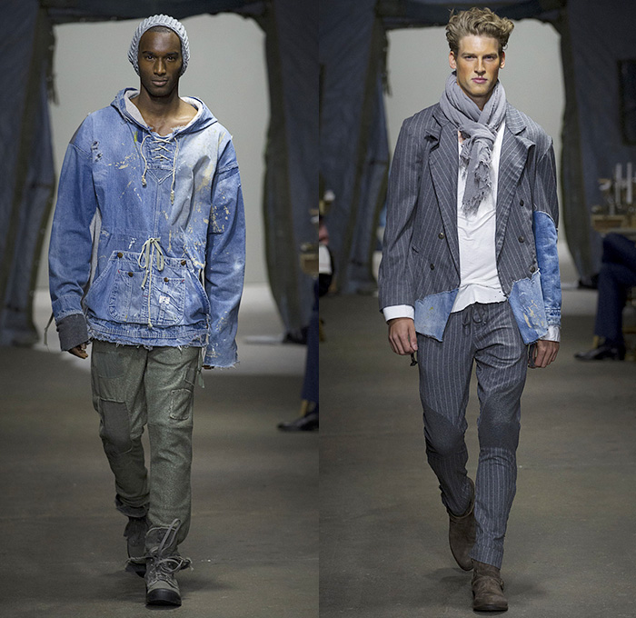 Greg Lauren 2015 Spring Summer Mens Runway Catwalk Looks - New York Fashion Week NYFW - Denim Jeans Destroyed Destructed Ripped Vintage Lace Up Hoodie Sweatshirt Military Green Army Tent Boots Blazer Multi Panel Pinstripes Scarf Shawl Long Sleeve Suspenders Henley Shirt Sweater Jumper Drawstring Field Jacket Outerwear Coat Black Panels Linen Vest Double Breasted Suit Pants Trousers