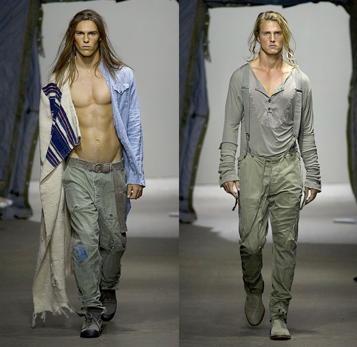 Greg Lauren 2015 Spring Summer Mens Runway Catwalk Looks - New York Fashion Week NYFW - Denim Jeans Destroyed Destructed Ripped Vintage Lace Up Hoodie Sweatshirt Military Green Army Tent Boots Blazer Multi Panel Pinstripes Scarf Shawl Long Sleeve Suspenders Henley Shirt Sweater Jumper Drawstring Field Jacket Outerwear Coat Black Panels Linen Vest Double Breasted Suit Pants Trousers