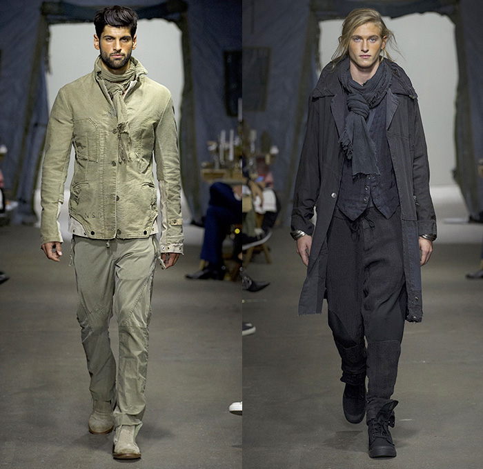 Greg Lauren 2015 Spring Summer Mens Runway Catwalk Looks - New York Fashion Week NYFW - Denim Jeans Destroyed Destructed Ripped Vintage Lace Up Hoodie Sweatshirt Military Green Army Tent Boots Blazer Multi Panel Pinstripes Scarf Shawl Long Sleeve Suspenders Henley Shirt Sweater Jumper Drawstring Field Jacket Outerwear Coat Black Panels Linen Vest Double Breasted Suit Pants Trousers