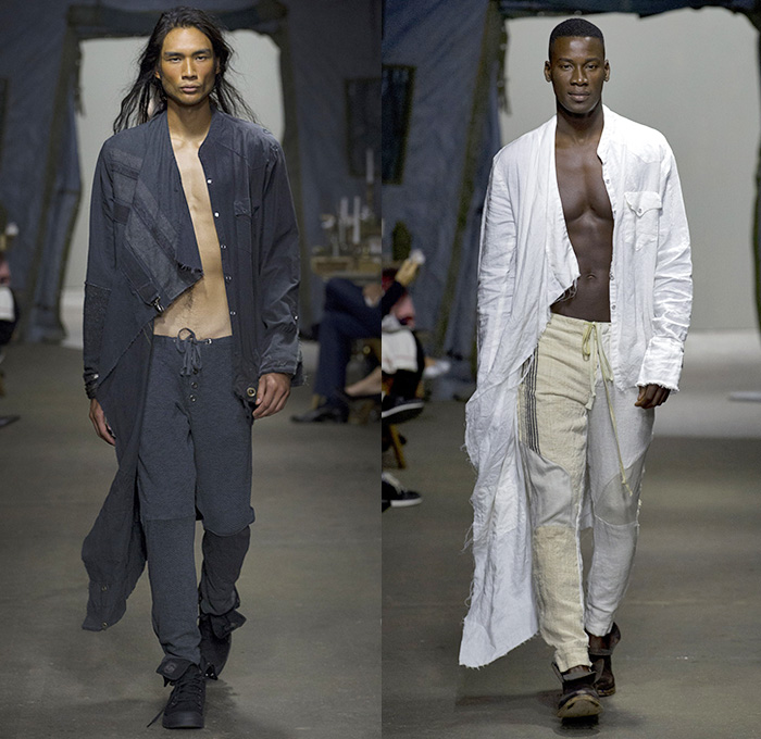 Greg Lauren 2015 Spring Summer Mens Runway Catwalk Looks - New York Fashion Week NYFW - Denim Jeans Destroyed Destructed Ripped Vintage Lace Up Hoodie Sweatshirt Military Green Army Tent Boots Blazer Multi Panel Pinstripes Scarf Shawl Long Sleeve Suspenders Henley Shirt Sweater Jumper Drawstring Field Jacket Outerwear Coat Black Panels Linen Vest Double Breasted Suit Pants Trousers