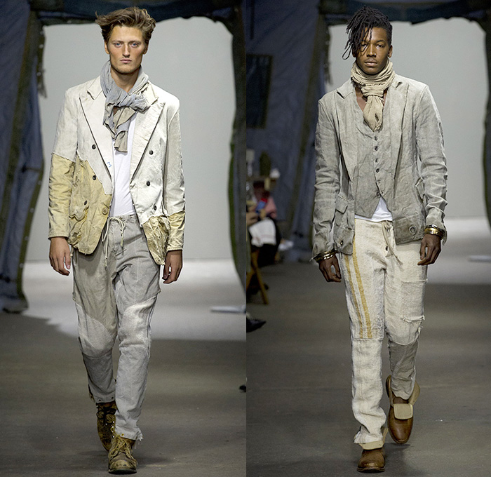 Greg Lauren 2015 Spring Summer Mens Runway Catwalk Looks - New York Fashion Week NYFW - Denim Jeans Destroyed Destructed Ripped Vintage Lace Up Hoodie Sweatshirt Military Green Army Tent Boots Blazer Multi Panel Pinstripes Scarf Shawl Long Sleeve Suspenders Henley Shirt Sweater Jumper Drawstring Field Jacket Outerwear Coat Black Panels Linen Vest Double Breasted Suit Pants Trousers
