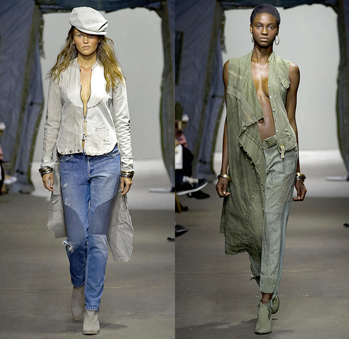 Greg Lauren 2015 Spring Summer Womens Runway Catwalk Looks - New York Fashion Week - Denim Jeans Destroyed Destructed Ripped Vintage Lace Up Hoodie Military Green Army Tent Nomadic Apocalyptic Workwear Frayed Shawl Cape Combo Panel Drawstring Scarf Boots Hat Vest Waistcoat Patchwork Blazer Pinstripes Pantsuit White Ensemble D-Ring Tankdress Suspenders Parka Outerwear Coat Cargo Pockets Dress