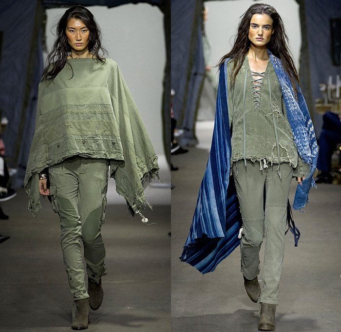 Greg Lauren 2015 Spring Summer Womens Runway Catwalk Looks - New York Fashion Week - Denim Jeans Destroyed Destructed Ripped Vintage Lace Up Hoodie Military Green Army Tent Nomadic Apocalyptic Workwear Frayed Shawl Cape Combo Panel Drawstring Scarf Boots Hat Vest Waistcoat Patchwork Blazer Pinstripes Pantsuit White Ensemble D-Ring Tankdress Suspenders Parka Outerwear Coat Cargo Pockets Dress