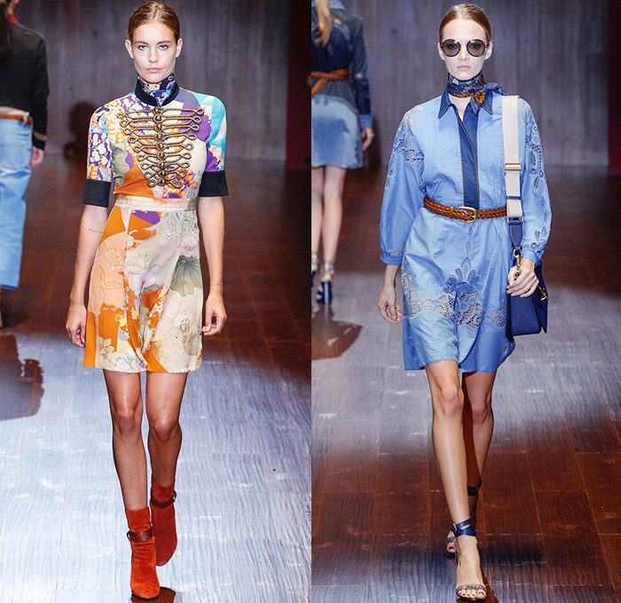 Gucci 2015 Spring Summer Womens Runway Looks - Milano Moda Donna Collezione Fashion Week Italy - 1970s Seventies Denim Jeans Marching Band Sailor Nautical Outerwear Jacket Trench Coat Knit Sweater Jumper Embroidery Flowers Florals Foliage Fauna Leaves Reptile Snakeskin Asian Chinese Swan Prints Graphic Motif Kimono Wrap Wide Leg Pants Trousers Boots Lace Up Coatdress Shirtdress Cargo Pockets Furry Dress Suede Mesh Halter Top