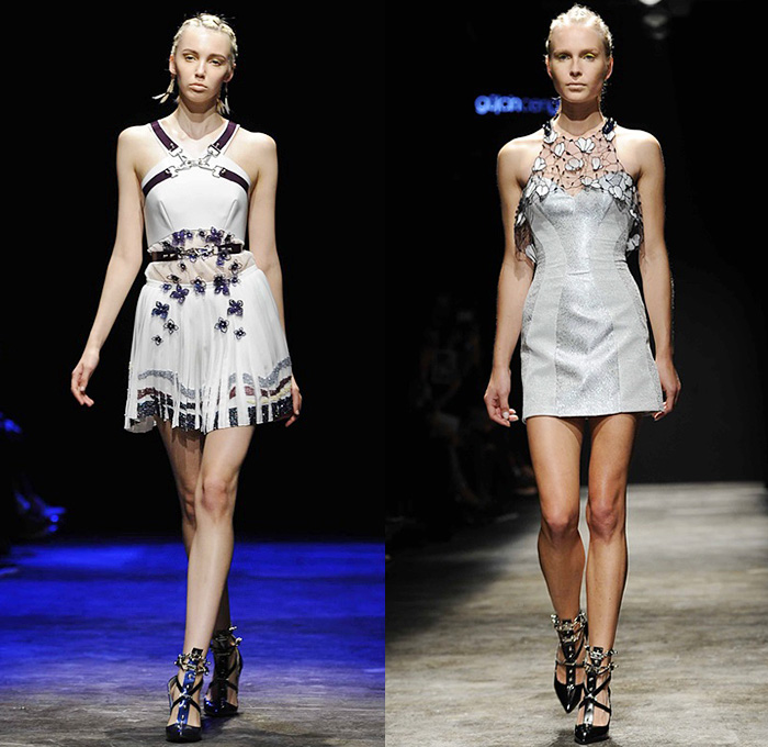 Gulcin Cengel 2015 Spring Summer Womens Runway Catwalk Looks - Mercedes-Benz Fashion Week Istanbul Turkey - Bondage Straps Mesh Skirt Frock Miniskirt Shirtdress Harness Studs Plates Flowers Florals Dress Gown Multi-Panel Armor Butterflies Silk High Slit Accordion Pleats 3D Embellishments Adornments