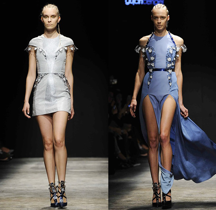 Gulcin Cengel 2015 Spring Summer Womens Runway Catwalk Looks - Mercedes-Benz Fashion Week Istanbul Turkey - Bondage Straps Mesh Skirt Frock Miniskirt Shirtdress Harness Studs Plates Flowers Florals Dress Gown Multi-Panel Armor Butterflies Silk High Slit Accordion Pleats 3D Embellishments Adornments