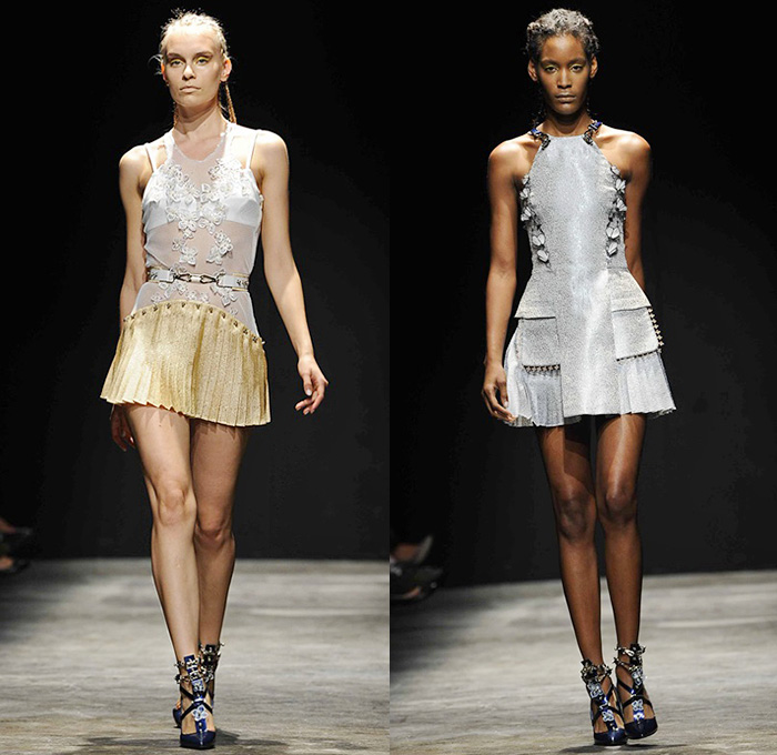 Gulcin Cengel 2015 Spring Summer Womens Runway Catwalk Looks - Mercedes-Benz Fashion Week Istanbul Turkey - Bondage Straps Mesh Skirt Frock Miniskirt Shirtdress Harness Studs Plates Flowers Florals Dress Gown Multi-Panel Armor Butterflies Silk High Slit Accordion Pleats 3D Embellishments Adornments