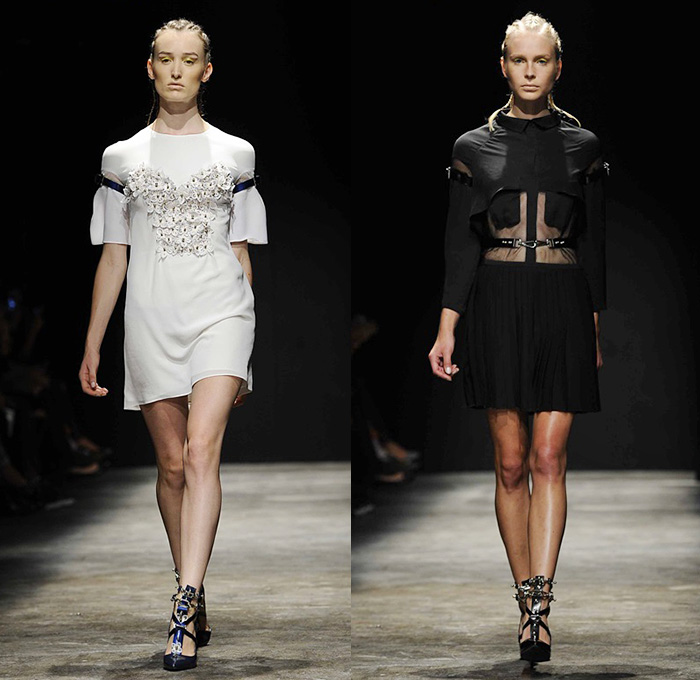 Gulcin Cengel 2015 Spring Summer Womens Runway Catwalk Looks - Mercedes-Benz Fashion Week Istanbul Turkey - Bondage Straps Mesh Skirt Frock Miniskirt Shirtdress Harness Studs Plates Flowers Florals Dress Gown Multi-Panel Armor Butterflies Silk High Slit Accordion Pleats 3D Embellishments Adornments