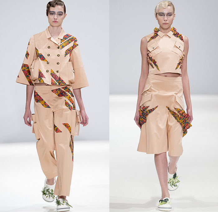 GYOYUNI KIMCHOE 2015 Spring Summer Womens Runway Catwalk Looks - London Fashion Week - London Collections Women British UK United Kingdom - Gardener Ruffles Flowers Florals Straps Drapery Plants Belt Cargo Pockets Utility Pockets Trench Coat Outerwear Hoodie Wide Leg Culottes Gauchos Shorts Fringes Strips Dress Blouse Shirt Long Sleeve Sneakers Blazer Crop Top Midriff Skirt Frock Trenchshirt Fins White Apron