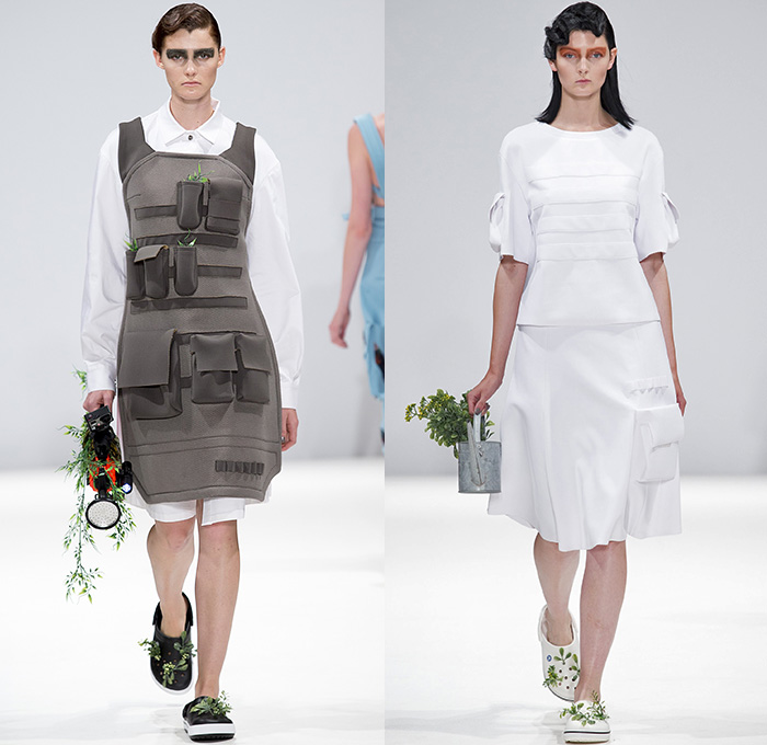 GYOYUNI KIMCHOE 2015 Spring Summer Womens Runway Catwalk Looks - London Fashion Week - London Collections Women British UK United Kingdom - Gardener Ruffles Flowers Florals Straps Drapery Plants Belt Cargo Pockets Utility Pockets Trench Coat Outerwear Hoodie Wide Leg Culottes Gauchos Shorts Fringes Strips Dress Blouse Shirt Long Sleeve Sneakers Blazer Crop Top Midriff Skirt Frock Trenchshirt Fins White Apron