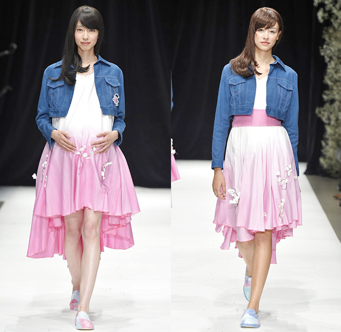 haha by Takafumi Tsuruta 2015 Spring Summer Womens Runway Catwalk Looks - Mercedes-Benz Fashion Week Tokyo Japan - Reincarnation Birth Cycle Denim Jeans Ombre Maternity Pregnancy Dress Shirtdress Tie Dye Coatdress Ruffles Bow Tie Flare Pleats Veil 3D Adornments Flowers Angular Asymmetrical Hem Sash Paper Bag Waist Wide Leg Palazzo Pants Trousers Blouse Knit Weave Zipper Wheelchair Hospital Gown Sailor Suit