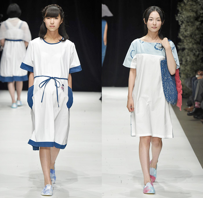 haha by Takafumi Tsuruta 2015 Spring Summer Womens Runway Catwalk Looks - Mercedes-Benz Fashion Week Tokyo Japan - Reincarnation Birth Cycle Denim Jeans Ombre Maternity Pregnancy Dress Shirtdress Tie Dye Coatdress Ruffles Bow Tie Flare Pleats Veil 3D Adornments Flowers Angular Asymmetrical Hem Sash Paper Bag Waist Wide Leg Palazzo Pants Trousers Blouse Knit Weave Zipper Wheelchair Hospital Gown Sailor Suit