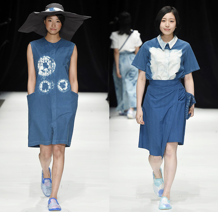 haha by Takafumi Tsuruta 2015 Spring Summer Womens Runway Catwalk Looks - Mercedes-Benz Fashion Week Tokyo Japan - Reincarnation Birth Cycle Denim Jeans Ombre Maternity Pregnancy Dress Shirtdress Tie Dye Coatdress Ruffles Bow Tie Flare Pleats Veil 3D Adornments Flowers Angular Asymmetrical Hem Sash Paper Bag Waist Wide Leg Palazzo Pants Trousers Blouse Knit Weave Zipper Wheelchair Hospital Gown Sailor Suit