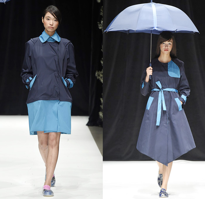 haha by Takafumi Tsuruta 2015 Spring Summer Womens Runway Catwalk Looks - Mercedes-Benz Fashion Week Tokyo Japan - Reincarnation Birth Cycle Denim Jeans Ombre Maternity Pregnancy Dress Shirtdress Tie Dye Coatdress Ruffles Bow Tie Flare Pleats Veil 3D Adornments Flowers Angular Asymmetrical Hem Sash Paper Bag Waist Wide Leg Palazzo Pants Trousers Blouse Knit Weave Zipper Wheelchair Hospital Gown Sailor Suit