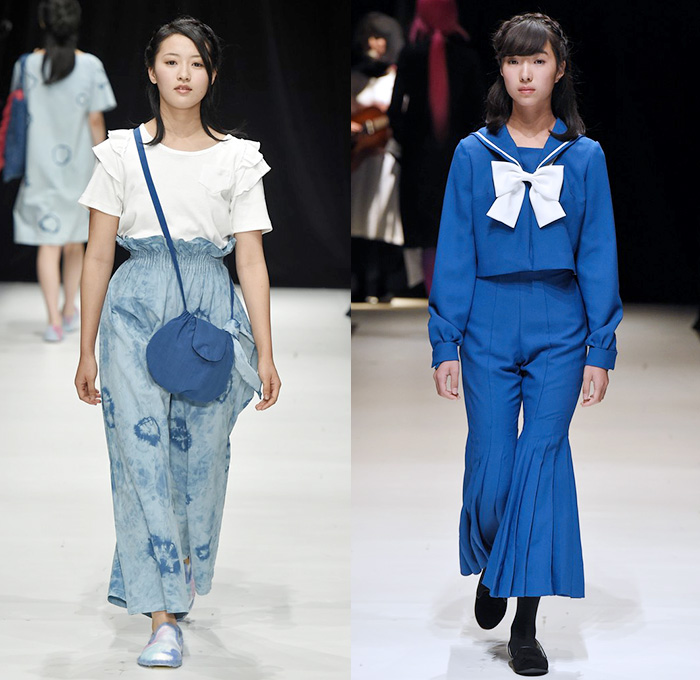 haha by Takafumi Tsuruta 2015 Spring Summer Womens Runway Catwalk Looks - Mercedes-Benz Fashion Week Tokyo Japan - Reincarnation Birth Cycle Denim Jeans Ombre Maternity Pregnancy Dress Shirtdress Tie Dye Coatdress Ruffles Bow Tie Flare Pleats Veil 3D Adornments Flowers Angular Asymmetrical Hem Sash Paper Bag Waist Wide Leg Palazzo Pants Trousers Blouse Knit Weave Zipper Wheelchair Hospital Gown Sailor Suit