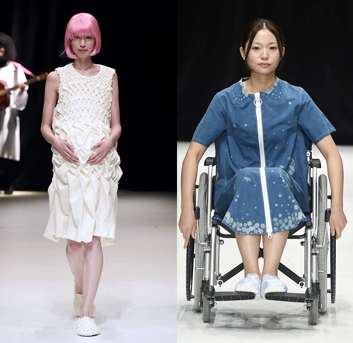 haha by Takafumi Tsuruta 2015 Spring Summer Womens Runway Catwalk Looks - Mercedes-Benz Fashion Week Tokyo Japan - Reincarnation Birth Cycle Denim Jeans Ombre Maternity Pregnancy Dress Shirtdress Tie Dye Coatdress Ruffles Bow Tie Flare Pleats Veil 3D Adornments Flowers Angular Asymmetrical Hem Sash Paper Bag Waist Wide Leg Palazzo Pants Trousers Blouse Knit Weave Zipper Wheelchair Hospital Gown Sailor Suit