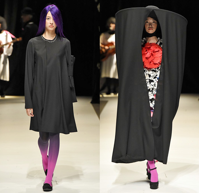 haha by Takafumi Tsuruta 2015 Spring Summer Womens Runway Catwalk Looks - Mercedes-Benz Fashion Week Tokyo Japan - Reincarnation Birth Cycle Denim Jeans Ombre Maternity Pregnancy Dress Shirtdress Tie Dye Coatdress Ruffles Bow Tie Flare Pleats Veil 3D Adornments Flowers Angular Asymmetrical Hem Sash Paper Bag Waist Wide Leg Palazzo Pants Trousers Blouse Knit Weave Zipper Wheelchair Hospital Gown Sailor Suit