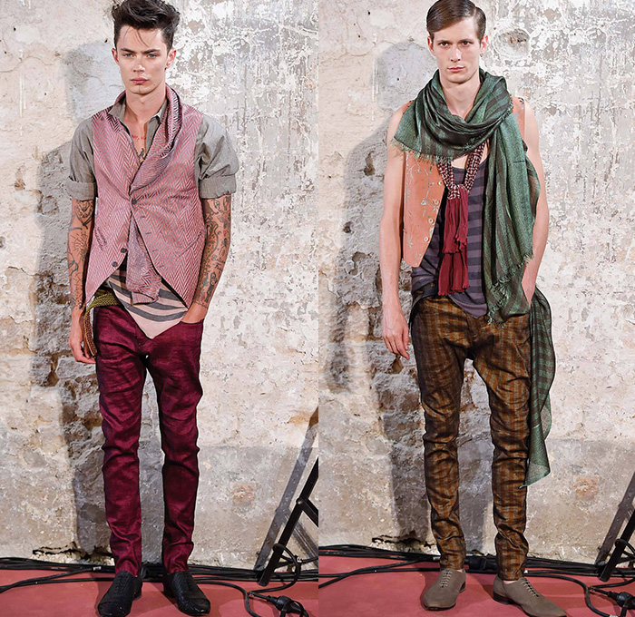 Haider Ackermann Antwerp Belgium 2015 Spring Summer Mens Lookbook Collection Presentation - Mode à Paris Fashion Week Mode Masculine France - Brocade Velvet Scarf Silk Embroidery Robe Cloak Vinyl Vest Waistcoat Slim Button Down Long Sleeve Shirt Layers Shawl Stripes Blazer Racing Checks Loungewear Oriental Foliage Botanical Double Breasted Pants Trousers