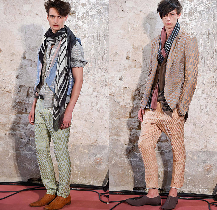 Haider Ackermann Antwerp Belgium 2015 Spring Summer Mens Lookbook Collection Presentation - Mode à Paris Fashion Week Mode Masculine France - Brocade Velvet Scarf Silk Embroidery Robe Cloak Vinyl Vest Waistcoat Slim Button Down Long Sleeve Shirt Layers Shawl Stripes Blazer Racing Checks Loungewear Oriental Foliage Botanical Double Breasted Pants Trousers