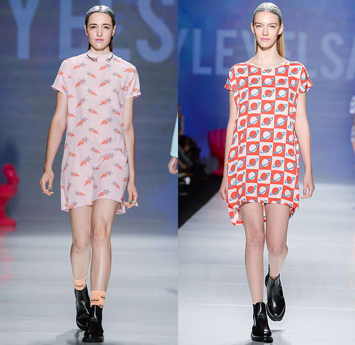 Hayley Elsaesser 2015 Spring Summer Womens Runway Catwalk Looks - World MasterCard Fashion Week Toronto Ontario Canada - Sequins Dress Hands Planets Saturn Stars Comets Open Mouth Waves Print Motif Pattern Crop Top Midriff Pencil Skirt Frock Sleep Loungewear Shorts Pleats Outerwear Jacket Jumpsuit Coveralls Flare 