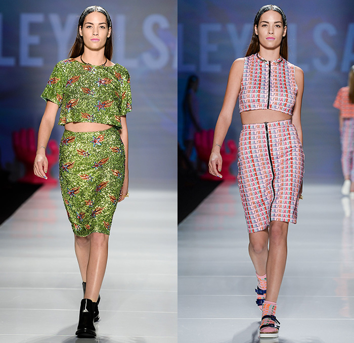 Hayley Elsaesser 2015 Spring Summer Womens Runway Catwalk Looks - World MasterCard Fashion Week Toronto Ontario Canada - Sequins Dress Hands Planets Saturn Stars Comets Open Mouth Waves Print Motif Pattern Crop Top Midriff Pencil Skirt Frock Sleep Loungewear Shorts Pleats Outerwear Jacket Jumpsuit Coveralls Flare 