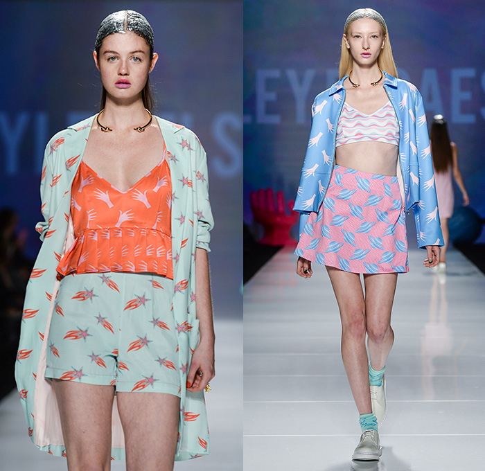 Hayley Elsaesser 2015 Spring Summer Womens Runway Catwalk Looks - World MasterCard Fashion Week Toronto Ontario Canada - Sequins Dress Hands Planets Saturn Stars Comets Open Mouth Waves Print Motif Pattern Crop Top Midriff Pencil Skirt Frock Sleep Loungewear Shorts Pleats Outerwear Jacket Jumpsuit Coveralls Flare 