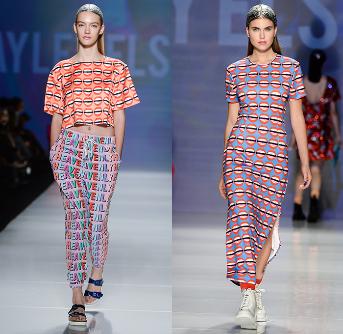 Hayley Elsaesser 2015 Spring Summer Womens Runway Catwalk Looks - World MasterCard Fashion Week Toronto Ontario Canada - Sequins Dress Hands Planets Saturn Stars Comets Open Mouth Waves Print Motif Pattern Crop Top Midriff Pencil Skirt Frock Sleep Loungewear Shorts Pleats Outerwear Jacket Jumpsuit Coveralls Flare 