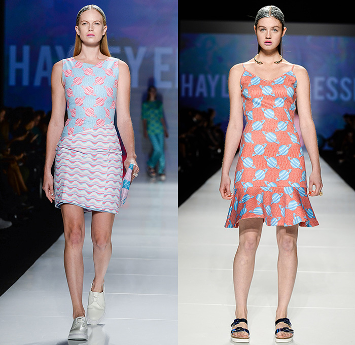 Hayley Elsaesser 2015 Spring Summer Womens Runway Catwalk Looks - World MasterCard Fashion Week Toronto Ontario Canada - Sequins Dress Hands Planets Saturn Stars Comets Open Mouth Waves Print Motif Pattern Crop Top Midriff Pencil Skirt Frock Sleep Loungewear Shorts Pleats Outerwear Jacket Jumpsuit Coveralls Flare 