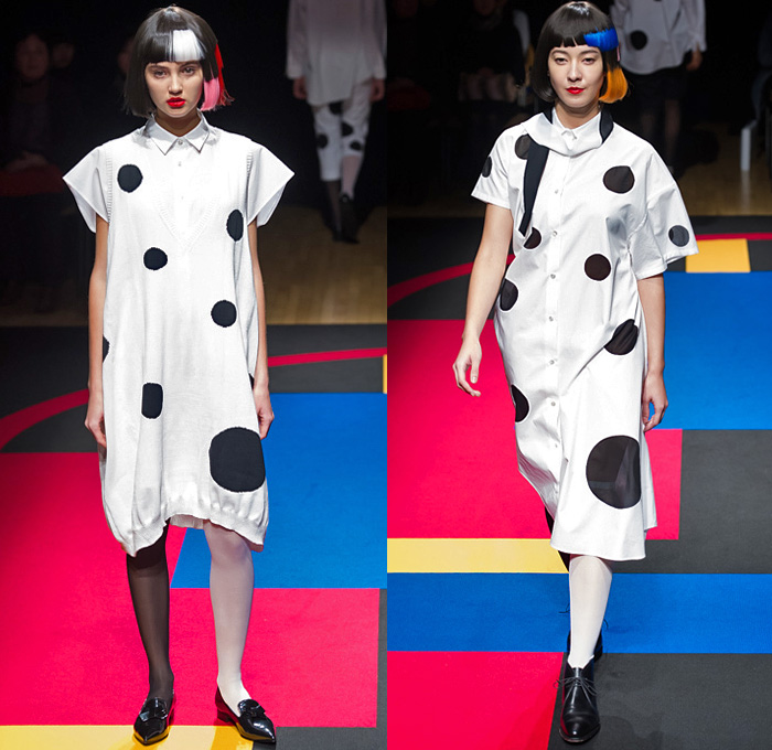hiromichi nakano 2015 Spring Summer Womens Runway Catwalk Looks Tokyo Japan - Polka Dots Shirtdress Asymmetrical Hem Sweaterdress Stockings Tights Geometric Cubes Colorblock Scarf Tankdress Pants Trousers Pearls Origami Petals Outerwear Coat Coatdress Ribbon Bow Tie Skirt Frock Accordion Pleats Stripes Extra Panel Sleeves Leggings Straps Sheer Chiffon