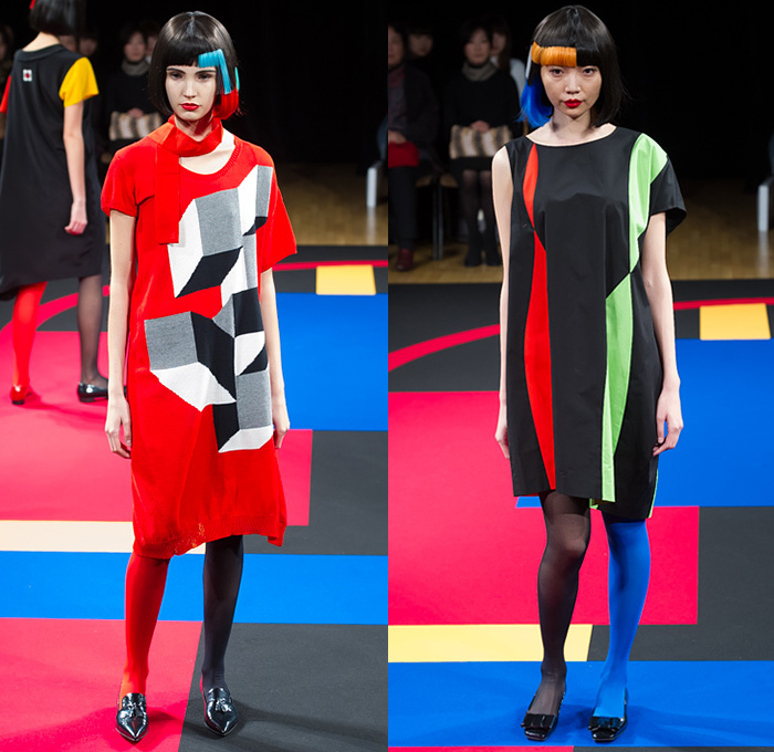 hiromichi nakano 2015 Spring Summer Womens Runway Catwalk Looks Tokyo Japan - Polka Dots Shirtdress Asymmetrical Hem Sweaterdress Stockings Tights Geometric Cubes Colorblock Scarf Tankdress Pants Trousers Pearls Origami Petals Outerwear Coat Coatdress Ribbon Bow Tie Skirt Frock Accordion Pleats Stripes Extra Panel Sleeves Leggings Straps Sheer Chiffon