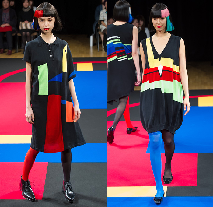 hiromichi nakano 2015 Spring Summer Womens Runway Catwalk Looks Tokyo Japan - Polka Dots Shirtdress Asymmetrical Hem Sweaterdress Stockings Tights Geometric Cubes Colorblock Scarf Tankdress Pants Trousers Pearls Origami Petals Outerwear Coat Coatdress Ribbon Bow Tie Skirt Frock Accordion Pleats Stripes Extra Panel Sleeves Leggings Straps Sheer Chiffon