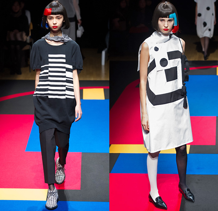 hiromichi nakano 2015 Spring Summer Womens Runway Catwalk Looks Tokyo Japan - Polka Dots Shirtdress Asymmetrical Hem Sweaterdress Stockings Tights Geometric Cubes Colorblock Scarf Tankdress Pants Trousers Pearls Origami Petals Outerwear Coat Coatdress Ribbon Bow Tie Skirt Frock Accordion Pleats Stripes Extra Panel Sleeves Leggings Straps Sheer Chiffon