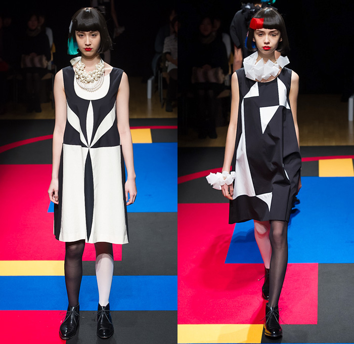 hiromichi nakano 2015 Spring Summer Womens Runway Catwalk Looks Tokyo Japan - Polka Dots Shirtdress Asymmetrical Hem Sweaterdress Stockings Tights Geometric Cubes Colorblock Scarf Tankdress Pants Trousers Pearls Origami Petals Outerwear Coat Coatdress Ribbon Bow Tie Skirt Frock Accordion Pleats Stripes Extra Panel Sleeves Leggings Straps Sheer Chiffon