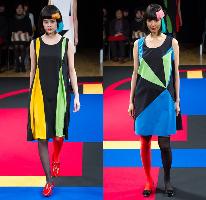 hiromichi nakano 2015 Spring Summer Womens Runway Catwalk Looks Tokyo Japan - Polka Dots Shirtdress Asymmetrical Hem Sweaterdress Stockings Tights Geometric Cubes Colorblock Scarf Tankdress Pants Trousers Pearls Origami Petals Outerwear Coat Coatdress Ribbon Bow Tie Skirt Frock Accordion Pleats Stripes Extra Panel Sleeves Leggings Straps Sheer Chiffon