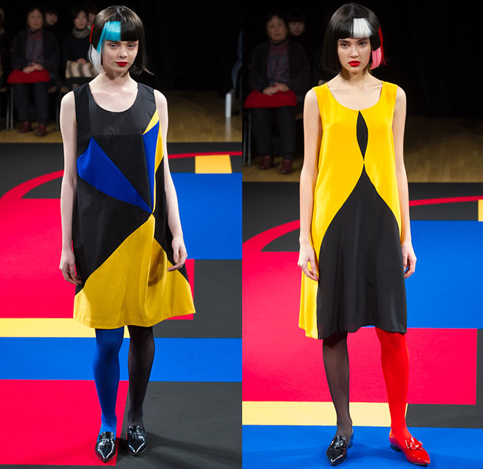 hiromichi nakano 2015 Spring Summer Womens Runway Catwalk Looks Tokyo Japan - Polka Dots Shirtdress Asymmetrical Hem Sweaterdress Stockings Tights Geometric Cubes Colorblock Scarf Tankdress Pants Trousers Pearls Origami Petals Outerwear Coat Coatdress Ribbon Bow Tie Skirt Frock Accordion Pleats Stripes Extra Panel Sleeves Leggings Straps Sheer Chiffon