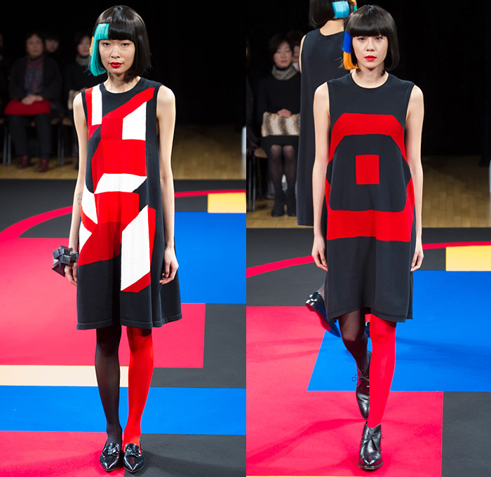 hiromichi nakano 2015 Spring Summer Womens Runway Catwalk Looks Tokyo Japan - Polka Dots Shirtdress Asymmetrical Hem Sweaterdress Stockings Tights Geometric Cubes Colorblock Scarf Tankdress Pants Trousers Pearls Origami Petals Outerwear Coat Coatdress Ribbon Bow Tie Skirt Frock Accordion Pleats Stripes Extra Panel Sleeves Leggings Straps Sheer Chiffon