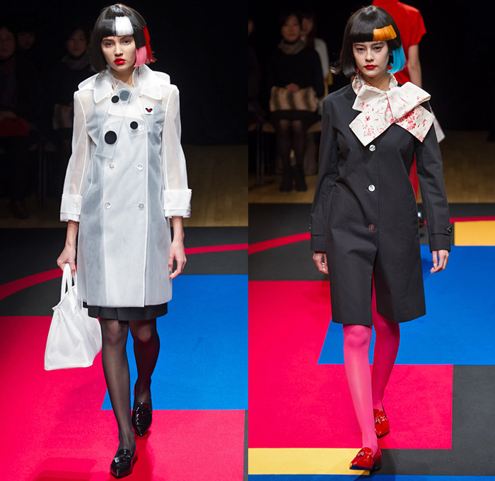 hiromichi nakano 2015 Spring Summer Womens Runway Catwalk Looks Tokyo Japan - Polka Dots Shirtdress Asymmetrical Hem Sweaterdress Stockings Tights Geometric Cubes Colorblock Scarf Tankdress Pants Trousers Pearls Origami Petals Outerwear Coat Coatdress Ribbon Bow Tie Skirt Frock Accordion Pleats Stripes Extra Panel Sleeves Leggings Straps Sheer Chiffon