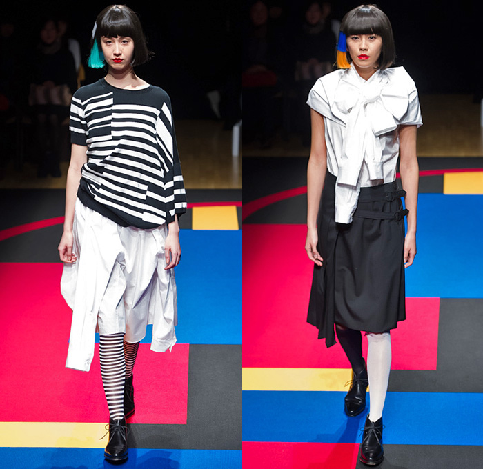 hiromichi nakano 2015 Spring Summer Womens Runway Catwalk Looks Tokyo Japan - Polka Dots Shirtdress Asymmetrical Hem Sweaterdress Stockings Tights Geometric Cubes Colorblock Scarf Tankdress Pants Trousers Pearls Origami Petals Outerwear Coat Coatdress Ribbon Bow Tie Skirt Frock Accordion Pleats Stripes Extra Panel Sleeves Leggings Straps Sheer Chiffon
