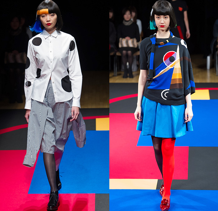 hiromichi nakano 2015 Spring Summer Womens Runway Catwalk Looks Tokyo Japan - Polka Dots Shirtdress Asymmetrical Hem Sweaterdress Stockings Tights Geometric Cubes Colorblock Scarf Tankdress Pants Trousers Pearls Origami Petals Outerwear Coat Coatdress Ribbon Bow Tie Skirt Frock Accordion Pleats Stripes Extra Panel Sleeves Leggings Straps Sheer Chiffon