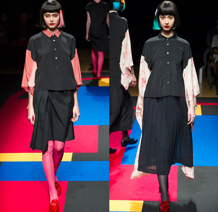 hiromichi nakano 2015 Spring Summer Womens Runway Catwalk Looks Tokyo Japan - Polka Dots Shirtdress Asymmetrical Hem Sweaterdress Stockings Tights Geometric Cubes Colorblock Scarf Tankdress Pants Trousers Pearls Origami Petals Outerwear Coat Coatdress Ribbon Bow Tie Skirt Frock Accordion Pleats Stripes Extra Panel Sleeves Leggings Straps Sheer Chiffon