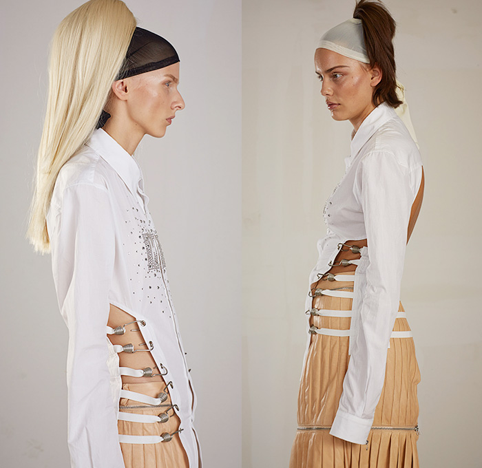 Hood By Air 2015 Spring Summer Womens Part II Lookbook Presentation - Mode à Paris Fashion Week Prêt-à-Porter Mode Féminin Femme France - Cutout Hem Waist Hooks Accordion Pleats Blouse Shirt Zippers Jumpsuit Shin Protectors Snap Closures Flap Cargo Utility Pockets Skirt Frock Leather Leg Warmers Waistcoat Bib Apron Banded Strap Open Shoulder Blazerdress Coatdress