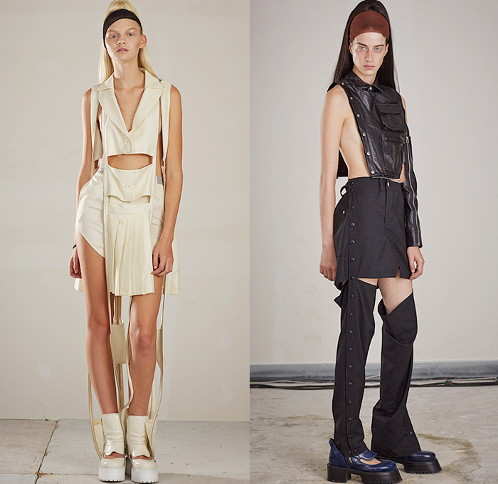 Hood By Air 2015 Spring Summer Womens Part II Lookbook Presentation - Mode à Paris Fashion Week Prêt-à-Porter Mode Féminin Femme France - Cutout Hem Waist Hooks Accordion Pleats Blouse Shirt Zippers Jumpsuit Shin Protectors Snap Closures Flap Cargo Utility Pockets Skirt Frock Leather Leg Warmers Waistcoat Bib Apron Banded Strap Open Shoulder Blazerdress Coatdress