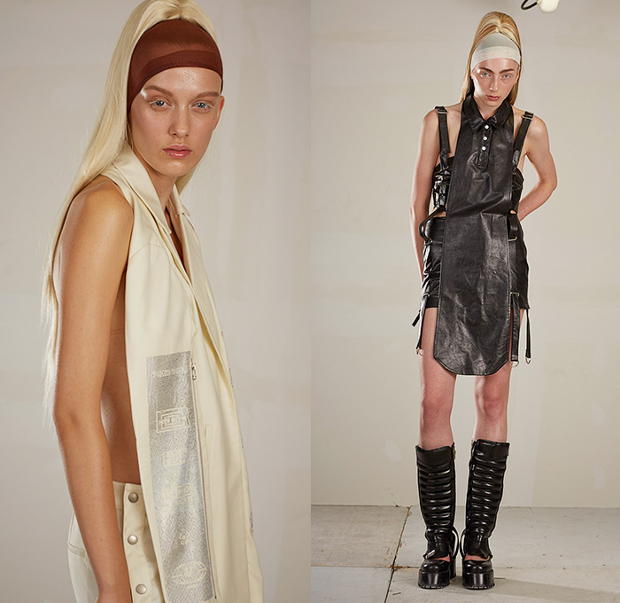 Hood By Air 2015 Spring Summer Womens Part II Lookbook Presentation - Mode à Paris Fashion Week Prêt-à-Porter Mode Féminin Femme France - Cutout Hem Waist Hooks Accordion Pleats Blouse Shirt Zippers Jumpsuit Shin Protectors Snap Closures Flap Cargo Utility Pockets Skirt Frock Leather Leg Warmers Waistcoat Bib Apron Banded Strap Open Shoulder Blazerdress Coatdress